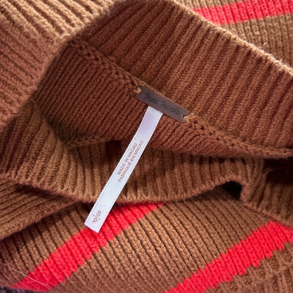 Free People Brown Orange Striped Cropped Mock Neck Ribbed Sweater SP Boho Chic - Picture 5 of 7